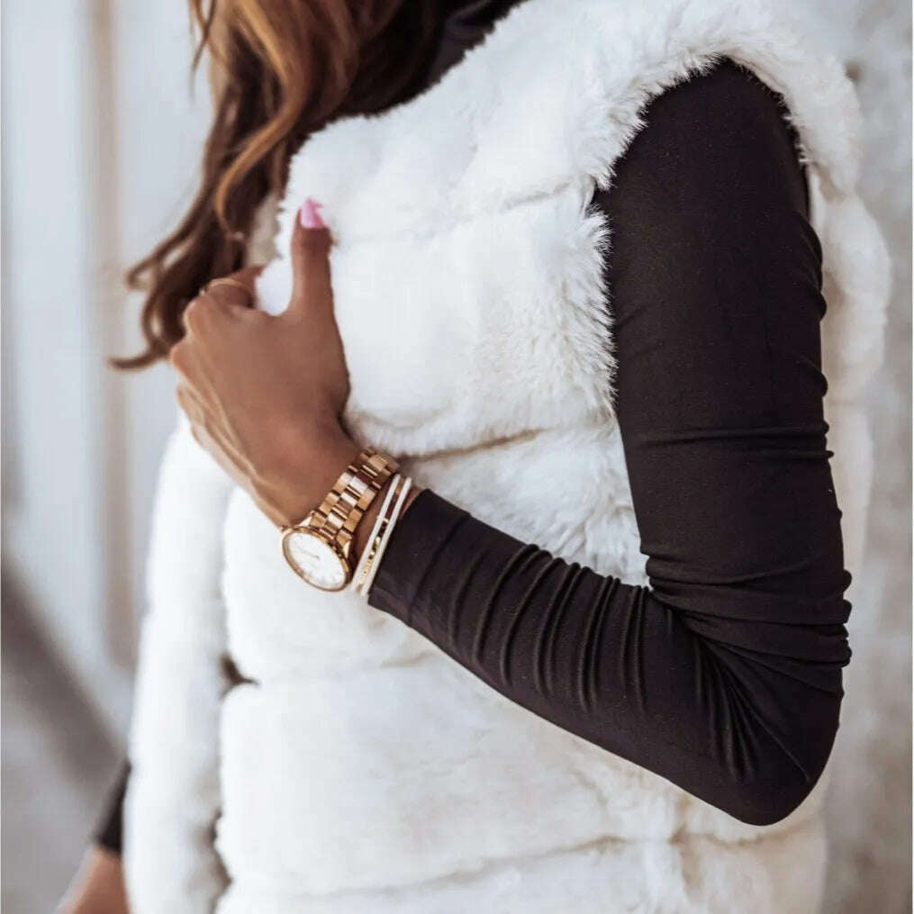 Women Long Faux Fur Autumn Winter Long Round Neck Fur Vests Coat Overcoat Sleeveless High Waist Solid Color - KIMLUD