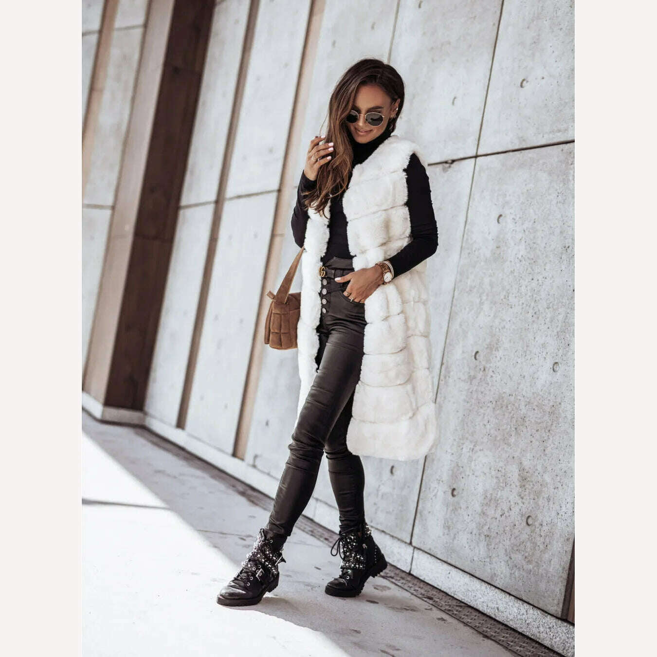 Women Long Faux Fur Autumn Winter Long Round Neck Fur Vests Coat Overcoat Sleeveless High Waist Solid Color - KIMLUD