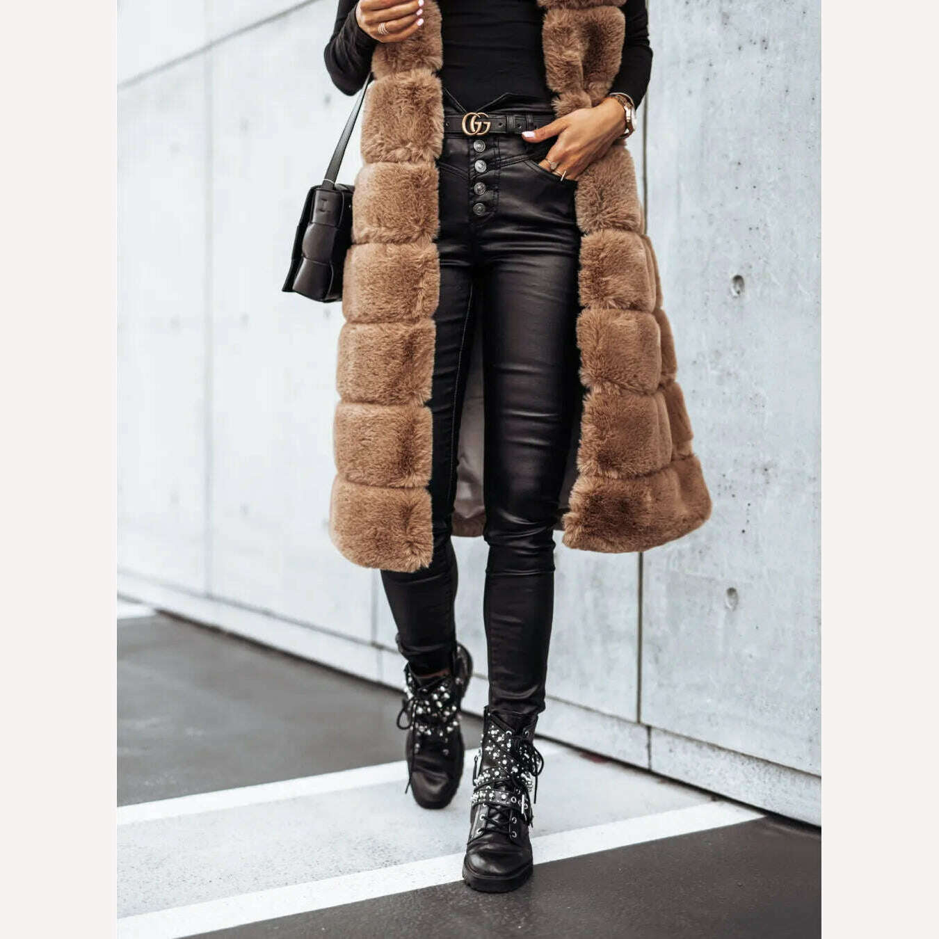 Women Long Faux Fur Autumn Winter Long Round Neck Fur Vests Coat Overcoat Sleeveless High Waist Solid Color - KIMLUD
