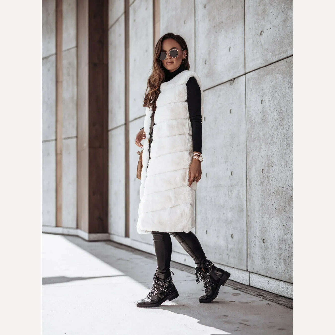 Women Long Faux Fur Autumn Winter Long Round Neck Fur Vests Coat Overcoat Sleeveless High Waist Solid Color - KIMLUD