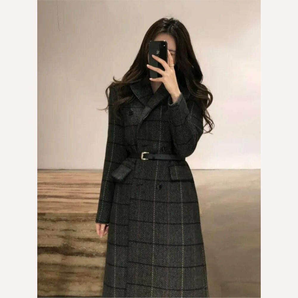 KIMLUD, Women Long Jacket 2023 New Autumn Winter OL Plaid Coat WomenThickened Retro Long Over-the-knee Suit Woolen Coat Female Clothing, KIMLUD Women's Clothes