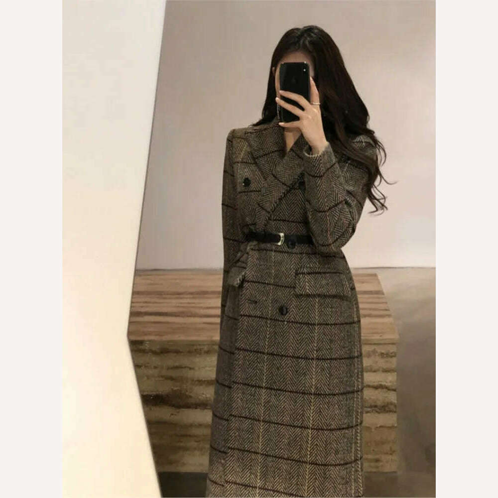 KIMLUD, Women Long Jacket 2023 New Autumn Winter OL Plaid Coat WomenThickened Retro Long Over-the-knee Suit Woolen Coat Female Clothing, KIMLUD Womens Clothes