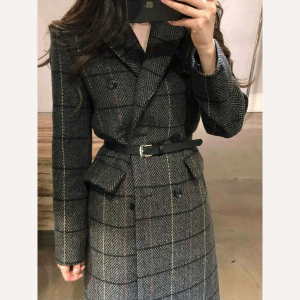 KIMLUD, Women Long Jacket 2023 New Autumn Winter OL Plaid Coat WomenThickened Retro Long Over-the-knee Suit Woolen Coat Female Clothing, KIMLUD Womens Clothes