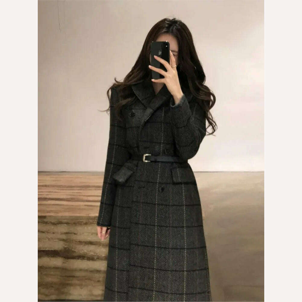 KIMLUD, Women Long Jacket 2023 New Autumn Winter OL Plaid Coat WomenThickened Retro Long Over-the-knee Suit Woolen Coat Female Clothing, KIMLUD Womens Clothes