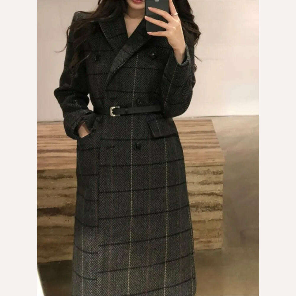 KIMLUD, Women Long Jacket 2023 New Autumn Winter OL Plaid Coat WomenThickened Retro Long Over-the-knee Suit Woolen Coat Female Clothing, KIMLUD Womens Clothes