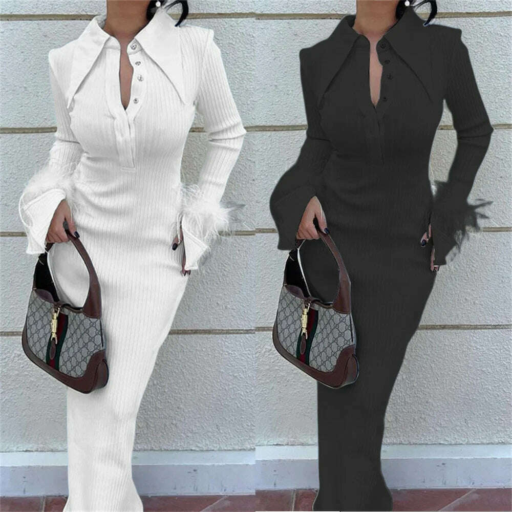 Women Long Sleeve Feather Long Dress 2023 New Kintting Solid Turn-down Collar Splicing Shirt Dress Elegant Formal Party Dress, KIMLUD Women's Clothes