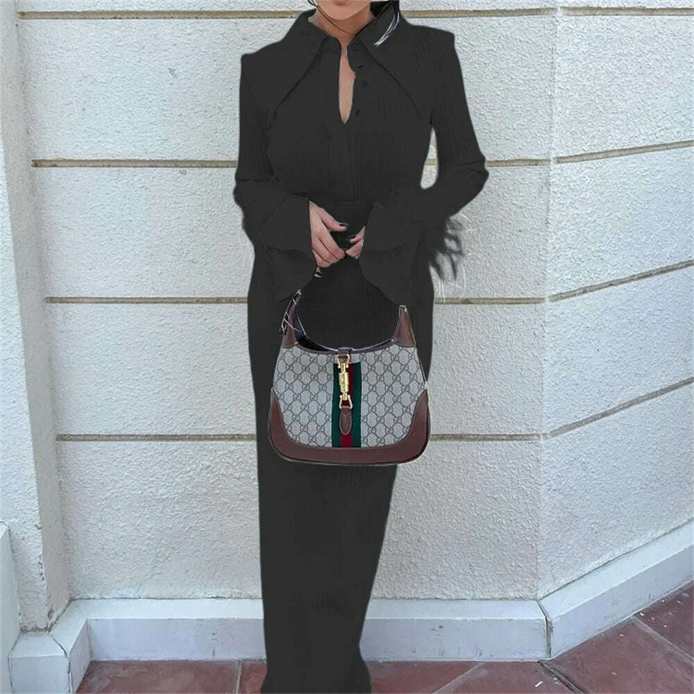 KIMLUD, Women Long Sleeve Feather Long Dress 2023 New Kintting Solid Turn-down Collar Splicing Shirt Dress Elegant Formal Party Dress, KIMLUD Womens Clothes