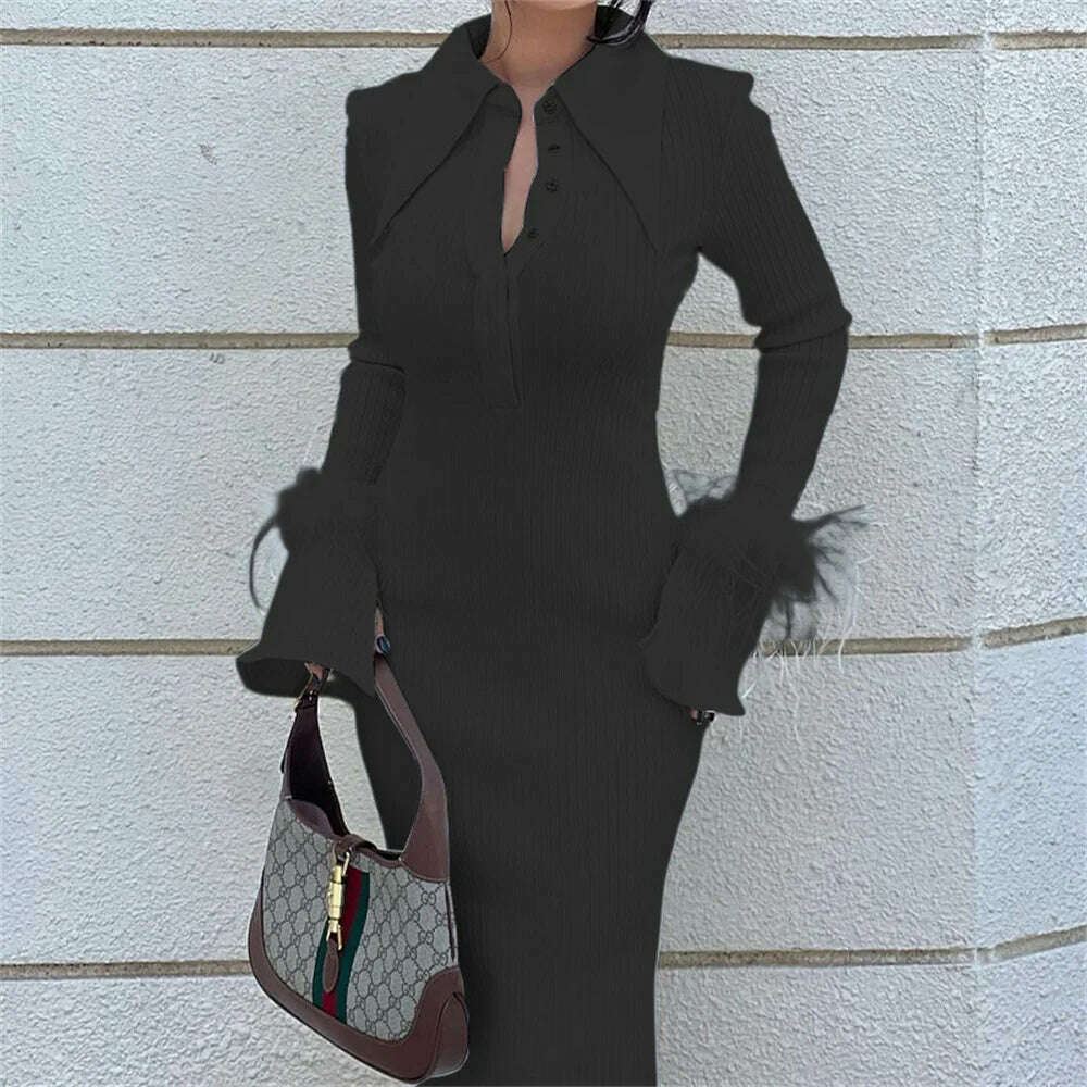 Women Long Sleeve Feather Long Dress 2023 New Kintting Solid Turn-down Collar Splicing Shirt Dress Elegant Formal Party Dress, black / S, KIMLUD Women's Clothes