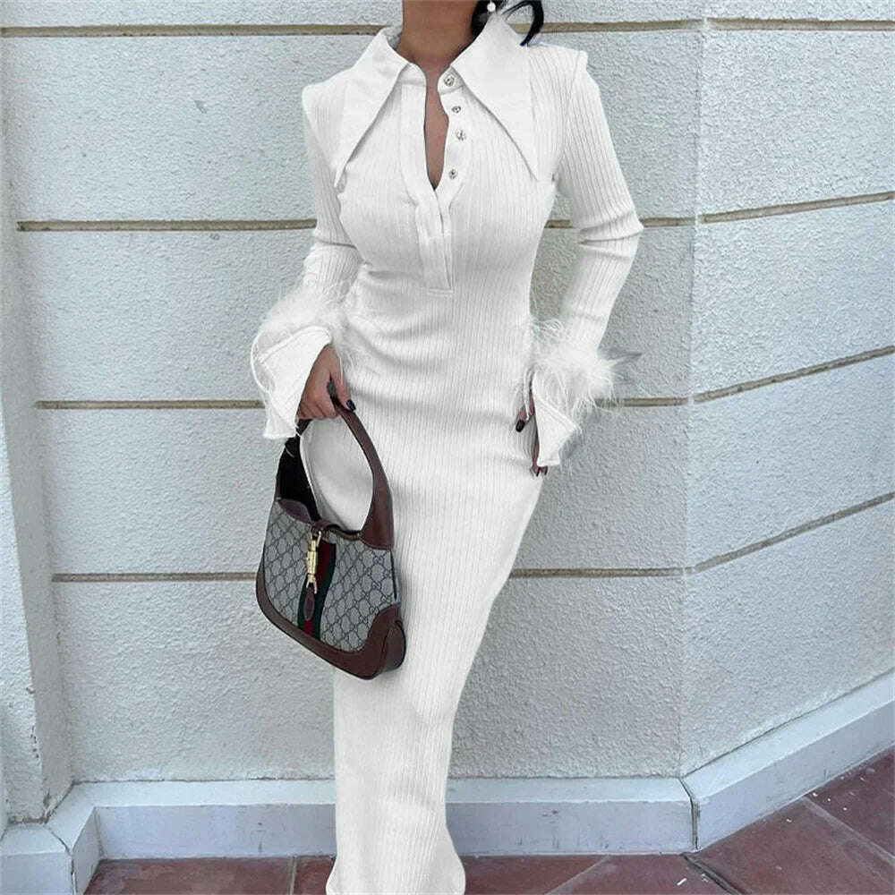 Women Long Sleeve Feather Long Dress 2023 New Kintting Solid Turn-down Collar Splicing Shirt Dress Elegant Formal Party Dress, WHITE / S, KIMLUD Women's Clothes