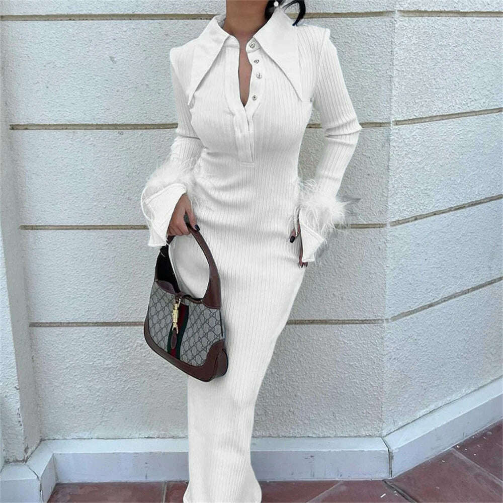 KIMLUD, Women Long Sleeve Feather Long Dress 2023 New Kintting Solid Turn-down Collar Splicing Shirt Dress Elegant Formal Party Dress, WHITE / S, KIMLUD APPAREL - Womens Clothes