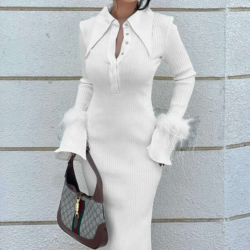 KIMLUD, Women Long Sleeve Feather Long Dress 2023 New Kintting Solid Turn-down Collar Splicing Shirt Dress Elegant Formal Party Dress, KIMLUD Womens Clothes