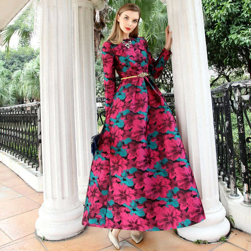 KIMLUD, Women Long Sleeve Long Maxi Autumn Winter Dress Elegant Boho Fashion Good QualityFloral Jacquard Vintage Dress, KIMLUD Womens Clothes