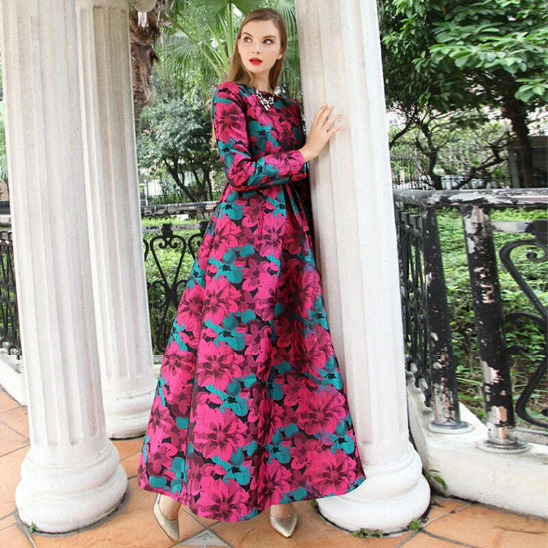 KIMLUD, Women Long Sleeve Long Maxi Autumn Winter Dress Elegant Boho Fashion Good QualityFloral Jacquard Vintage Dress, KIMLUD Womens Clothes