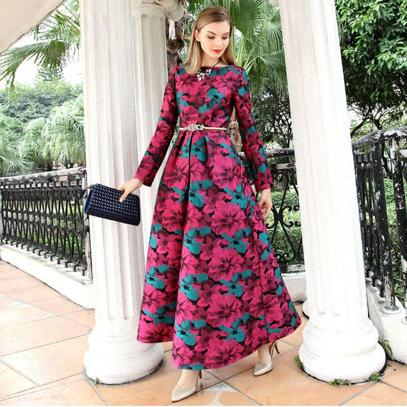 KIMLUD, Women Long Sleeve Long Maxi Autumn Winter Dress Elegant Boho Fashion Good QualityFloral Jacquard Vintage Dress, KIMLUD Womens Clothes