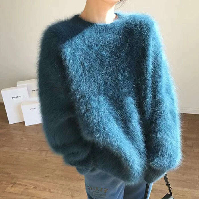 KIMLUD, Women Long Sleeve Round Neck Mink Sweater Autumn Winter Outer Wear Soft Glutinous Knitted Tops Solid Color Large Size Pullovers, Blue / One Size, KIMLUD APPAREL - Womens Clothes