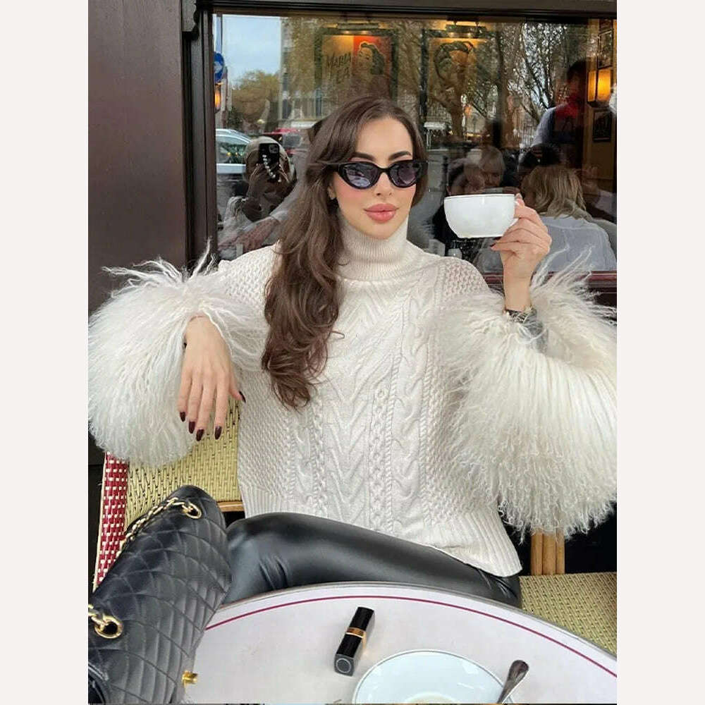 KIMLUD, Women Loose Turtleneck Plush Tassel Sweater Female Elegant Long Sleeve Wool Pullover Top 2023 Winter Lady Street Knitted Jumpers, KIMLUD Womens Clothes