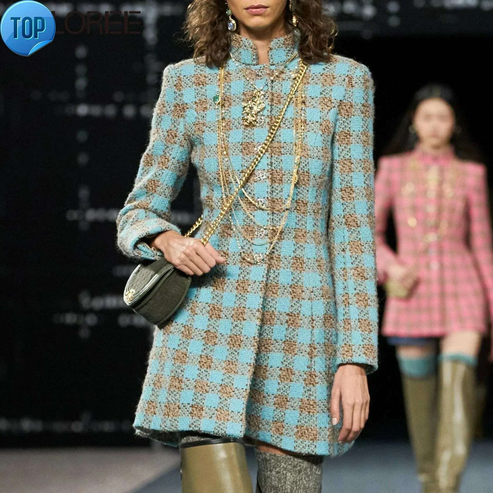 KIMLUD, Women Luxury Clothes Designers Winter 2023 Vintage Elegant Single Breasted Wool Dress Pink Blue Plaid Vestido Feminino, KIMLUD Women's Clothes
