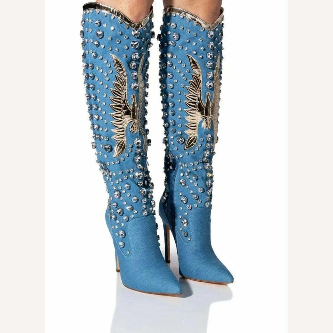 KIMLUD, Women Luxury Crystal Cowboy Boots Blue Denim Pointed Toe Glitter Knee High Boots High Heels Zipper Big Size Designer Shoes, as photo / 35, KIMLUD Women's Clothes