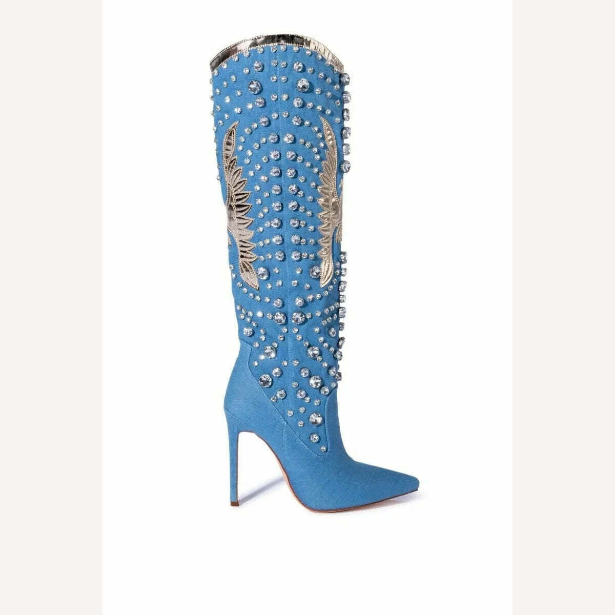 KIMLUD, Women Luxury Crystal Cowboy Boots Blue Denim Pointed Toe Glitter Knee High Boots High Heels Zipper Big Size Designer Shoes, KIMLUD Womens Clothes