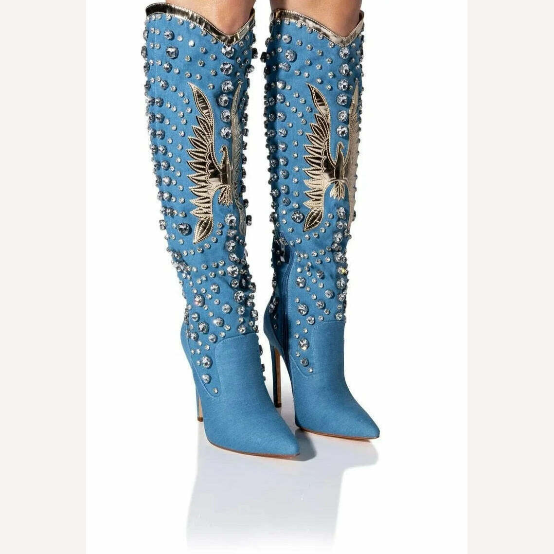 KIMLUD, Women Luxury Crystal Cowboy Boots Blue Denim Pointed Toe Glitter Knee High Boots High Heels Zipper Big Size Designer Shoes, KIMLUD Women's Clothes