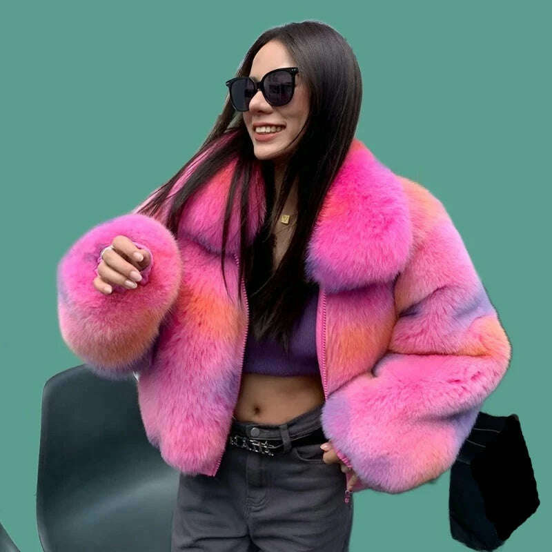 KIMLUD, Women Luxury Full Pelt Real Fox Fur Coat Lady Winter Fluffy Fur Jackets Turn Down Collar Top Quality Fox Fur Outerwear S3655, Pink / Coat Bust 110cm, KIMLUD Women's Clothes