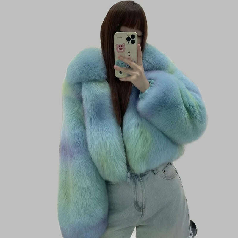 KIMLUD, Women Luxury Full Pelt Real Fox Fur Coat Lady Winter Fluffy Fur Jackets Turn Down Collar Top Quality Fox Fur Outerwear S3655, Lake Blue / Coat Bust 110cm, KIMLUD Women's Clothes