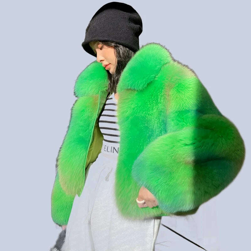 KIMLUD, Women Luxury Full Pelt Real Fox Fur Coat Lady Winter Fluffy Fur Jackets Turn Down Collar Top Quality Fox Fur Outerwear S3655, Green 1 / Coat Bust 110cm, KIMLUD APPAREL - Womens Clothes