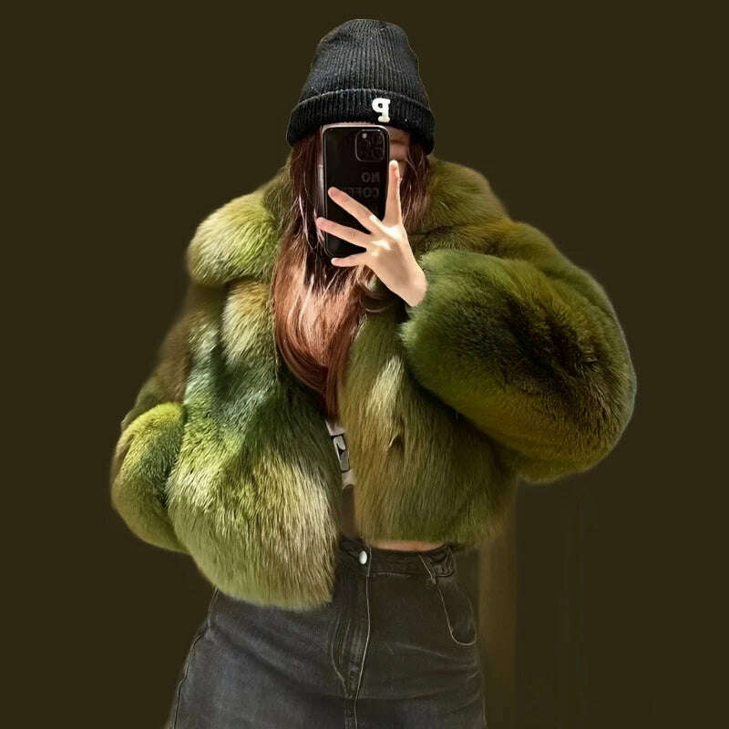 KIMLUD, Women Luxury Full Pelt Real Fox Fur Coat Lady Winter Fluffy Fur Jackets Turn Down Collar Top Quality Fox Fur Outerwear S3655, Green / Coat Bust 110cm, KIMLUD Womens Clothes