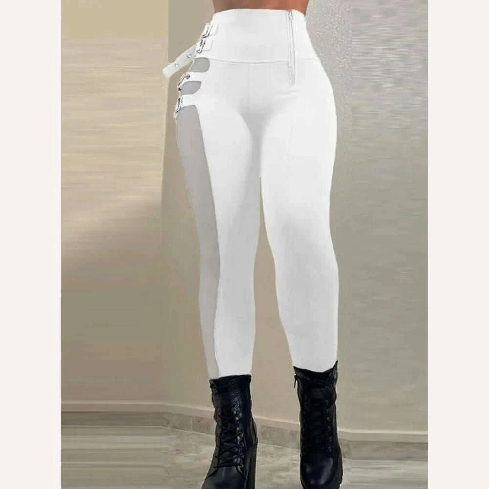 Women Mesh Patchwork Buckled High Waist Long Pants - KIMLUD