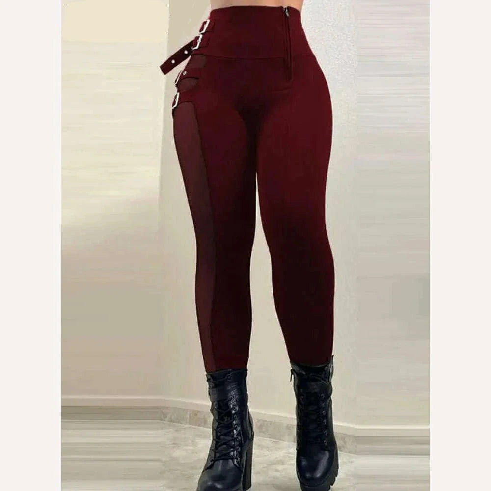 KIMLUD, Women Mesh Patchwork Buckled High Waist Long Pants, Claret / S, KIMLUD Womens Clothes