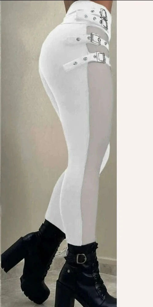Women Mesh Patchwork Buckled High Waist Long Pants - KIMLUD