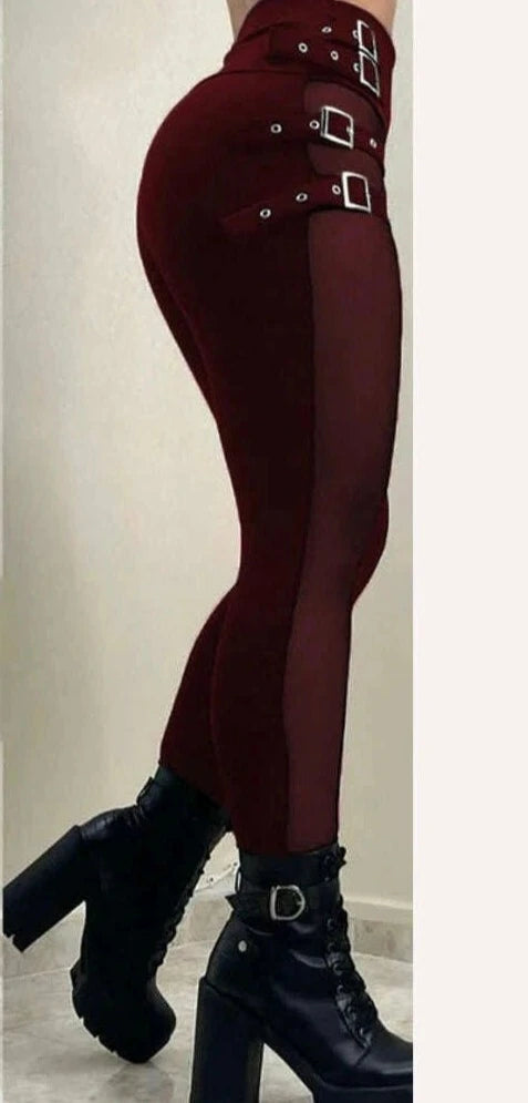 Women Mesh Patchwork Buckled High Waist Long Pants - KIMLUD
