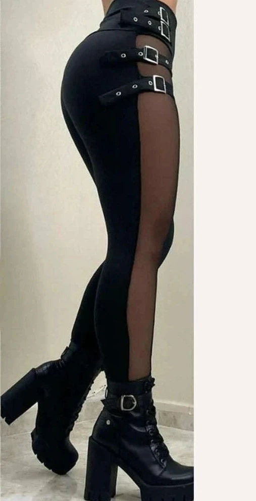 Women Mesh Patchwork Buckled High Waist Long Pants - KIMLUD