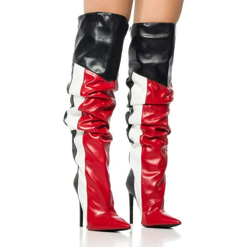 KIMLUD, Women Mixed Colors Knee High Boots Sexy Pointed Toe Stiletto Stripe Pattern Boot Female Pleated Colorblock Shoes Botas De Mujer, red 10cm heel / 35, KIMLUD APPAREL - Womens Clothes