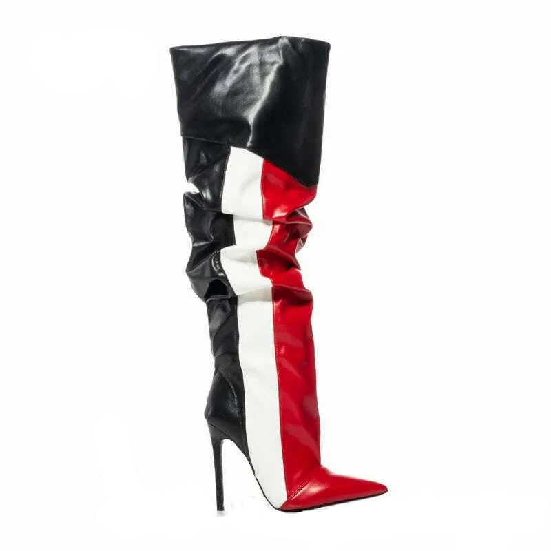 KIMLUD, Women Mixed Colors Knee High Boots Sexy Pointed Toe Stiletto Stripe Pattern Boot Female Pleated Colorblock Shoes Botas De Mujer, red 12cm heel / 35, KIMLUD APPAREL - Womens Clothes