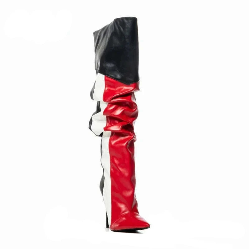 KIMLUD, Women Mixed Colors Knee High Boots Sexy Pointed Toe Stiletto Stripe Pattern Boot Female Pleated Colorblock Shoes Botas De Mujer, KIMLUD Womens Clothes