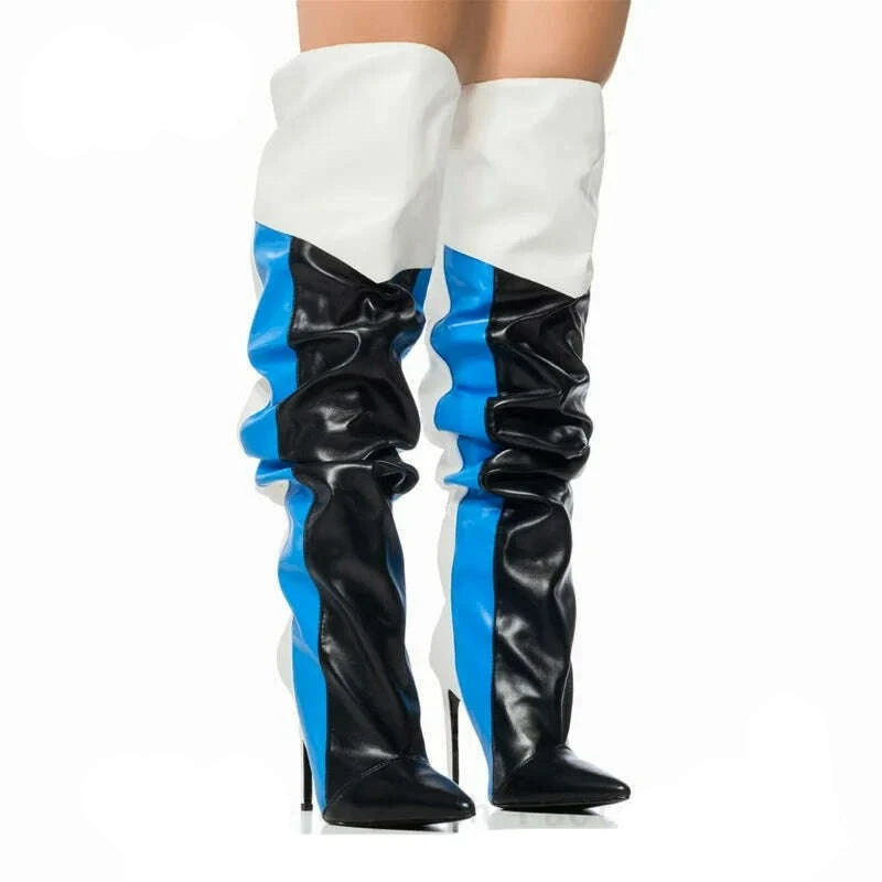 KIMLUD, Women Mixed Colors Knee High Boots Sexy Pointed Toe Stiletto Stripe Pattern Boot Female Pleated Colorblock Shoes Botas De Mujer, blue 10cm heel / 35, KIMLUD APPAREL - Womens Clothes