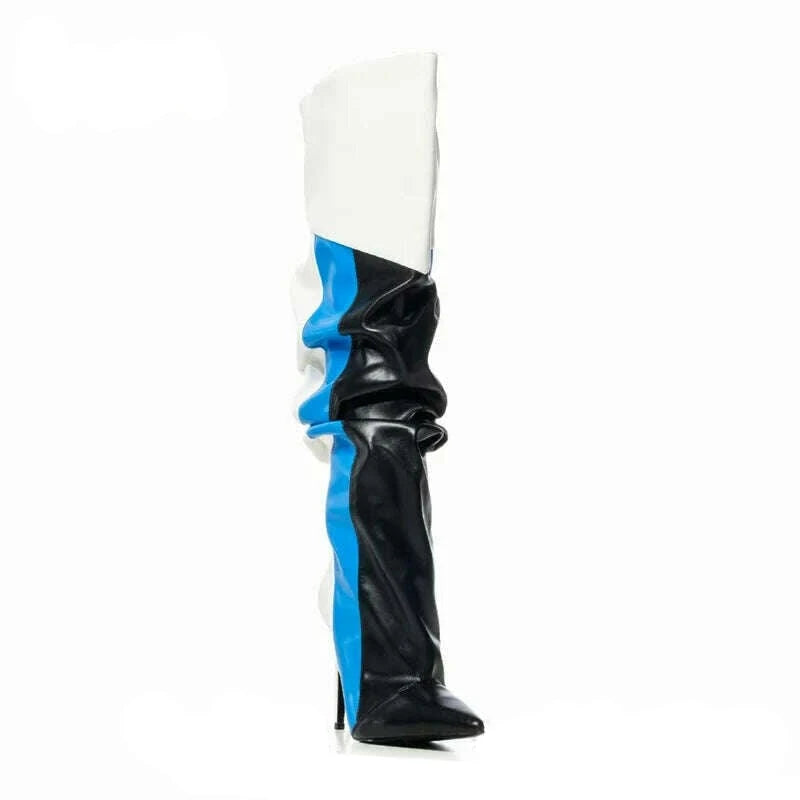 KIMLUD, Women Mixed Colors Knee High Boots Sexy Pointed Toe Stiletto Stripe Pattern Boot Female Pleated Colorblock Shoes Botas De Mujer, KIMLUD Womens Clothes