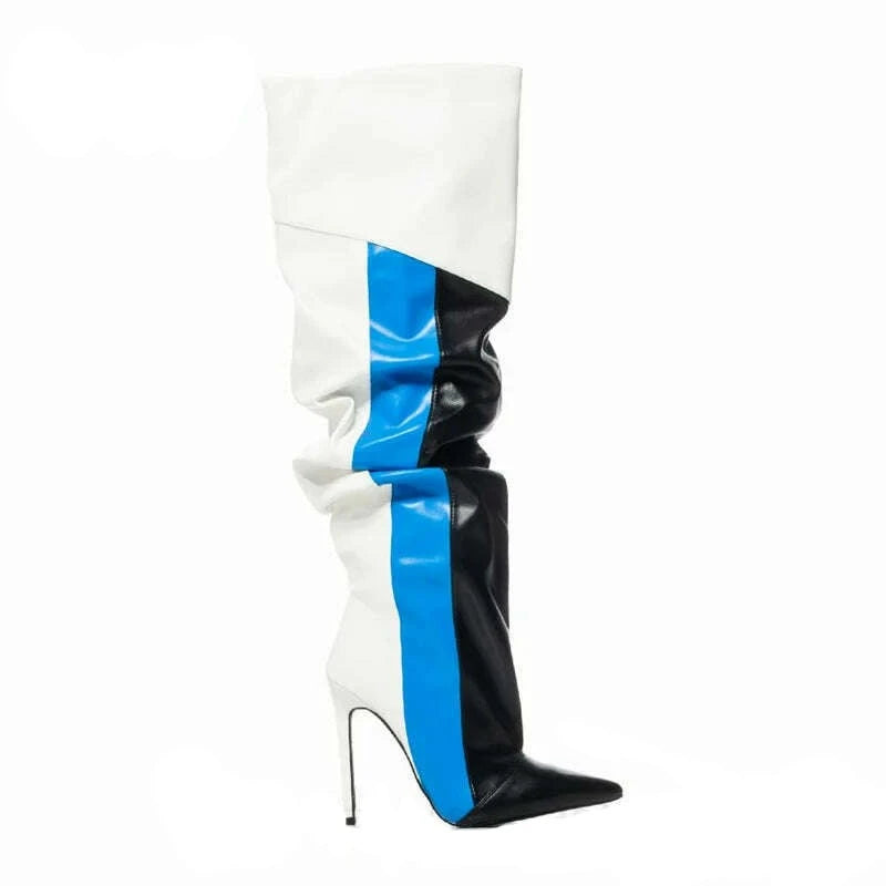 KIMLUD, Women Mixed Colors Knee High Boots Sexy Pointed Toe Stiletto Stripe Pattern Boot Female Pleated Colorblock Shoes Botas De Mujer, blue 12cm heel / 35, KIMLUD APPAREL - Womens Clothes