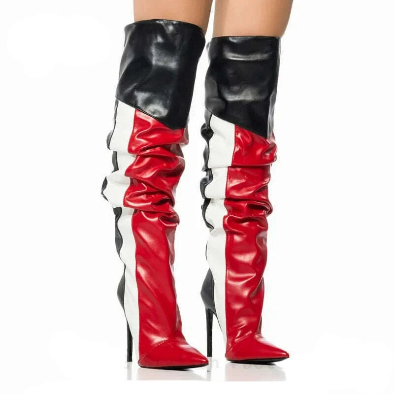 KIMLUD, Women Mixed Colors Knee High Boots Sexy Pointed Toe Stiletto Stripe Pattern Boot Female Pleated Colorblock Shoes Botas De Mujer, KIMLUD Womens Clothes