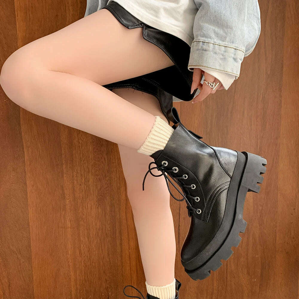 KIMLUD, Women Motorcycle Ankle Boots Genuine Leather Shoes Brown Wedges 2022 Female Lace Up Platforms Classic Warm Snow Boot Botas Mujer, short plush inner / 4.5, KIMLUD APPAREL - Womens Clothes