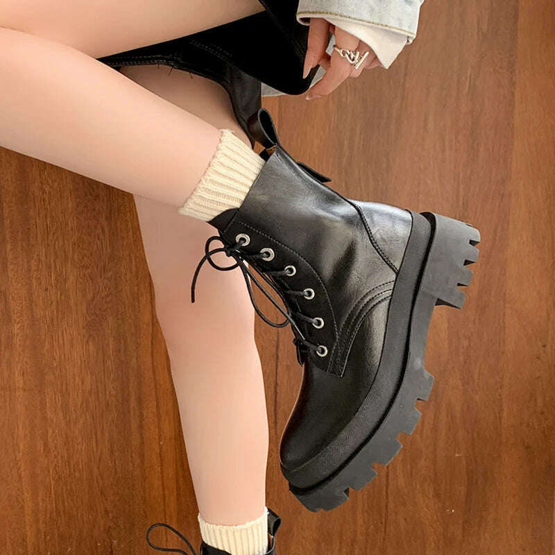 KIMLUD, Women Motorcycle Ankle Boots Genuine Leather Shoes Brown Wedges 2022 Female Lace Up Platforms Classic Warm Snow Boot Botas Mujer, PU inner / 4.5, KIMLUD Womens Clothes