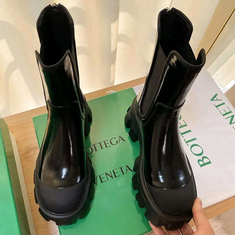 Women Motorcycle Boots Wedges Flat Shoes Woman Spring High Heel Platform Leather Combat Boots Lace Up Shoes Black Girls Platform - KIMLUD