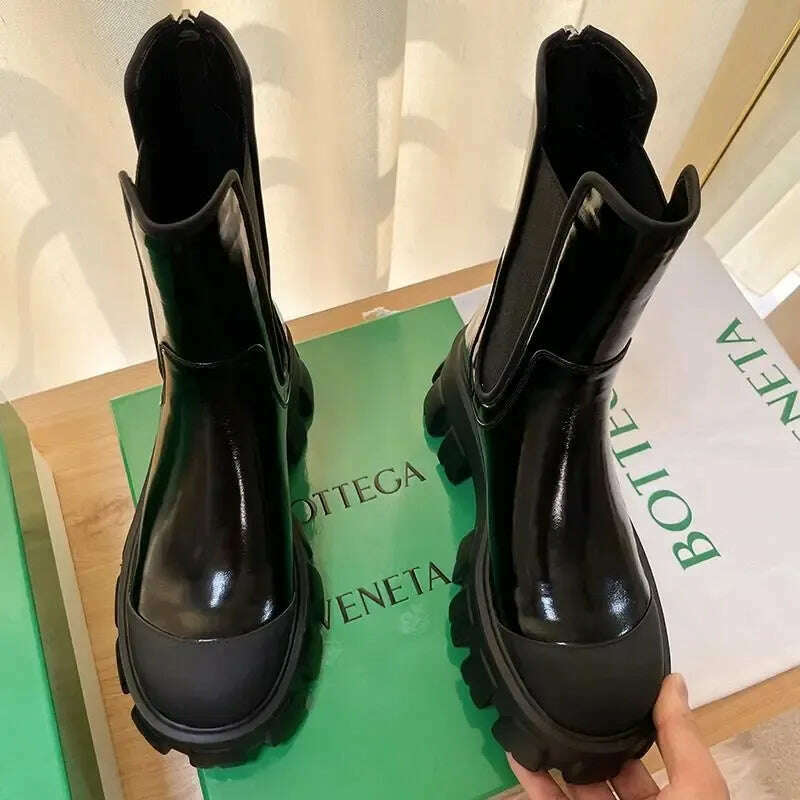 Women Motorcycle Boots Wedges Flat Shoes Woman Spring High Heel Platform Leather Combat Boots Lace Up Shoes Black Girls Platform - KIMLUD