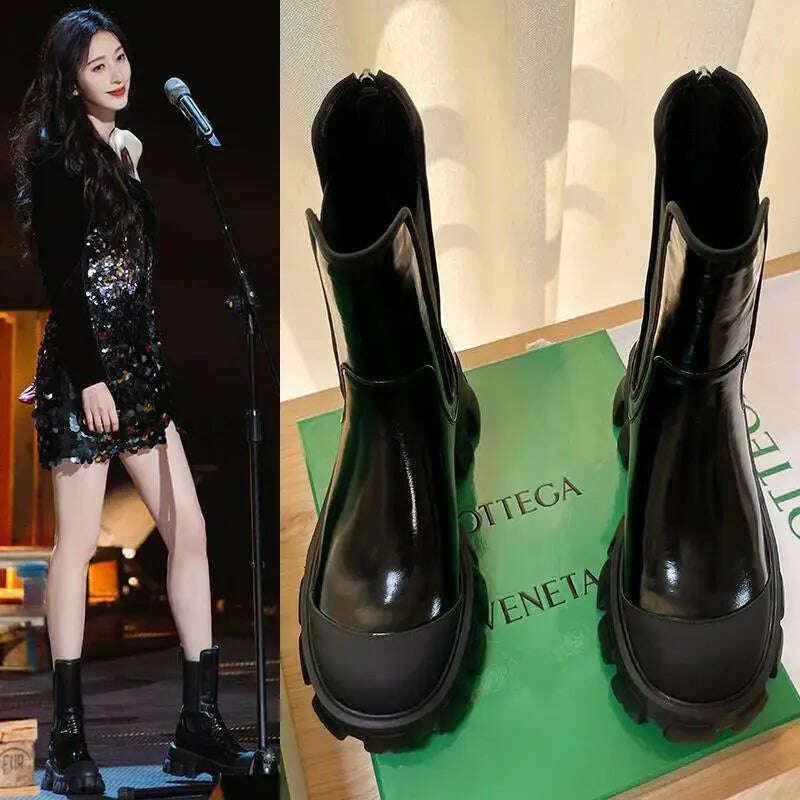 Women Motorcycle Boots Wedges Flat Shoes Woman Spring High Heel Platform Leather Combat Boots Lace Up Shoes Black Girls Platform - KIMLUD