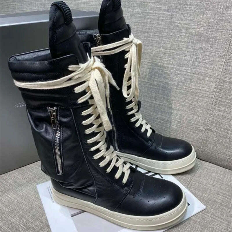 KIMLUD, Women Motorcycle Leather Boots Men Luxury Mid-Calf Winter Riding Boots Shoes Casual Zip Flats Black Real Leather Shoes Unisex, KIMLUD Womens Clothes