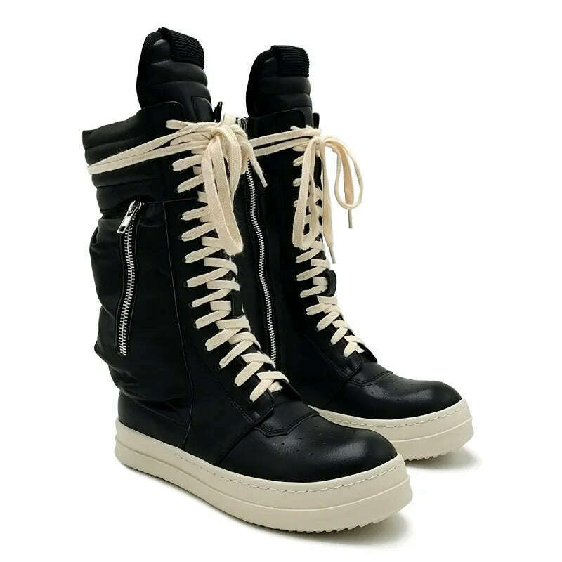 KIMLUD, Women Motorcycle Leather Boots Men Luxury Mid-Calf Winter Riding Boots Shoes Casual Zip Flats Black Real Leather Shoes Unisex, KIMLUD Womens Clothes