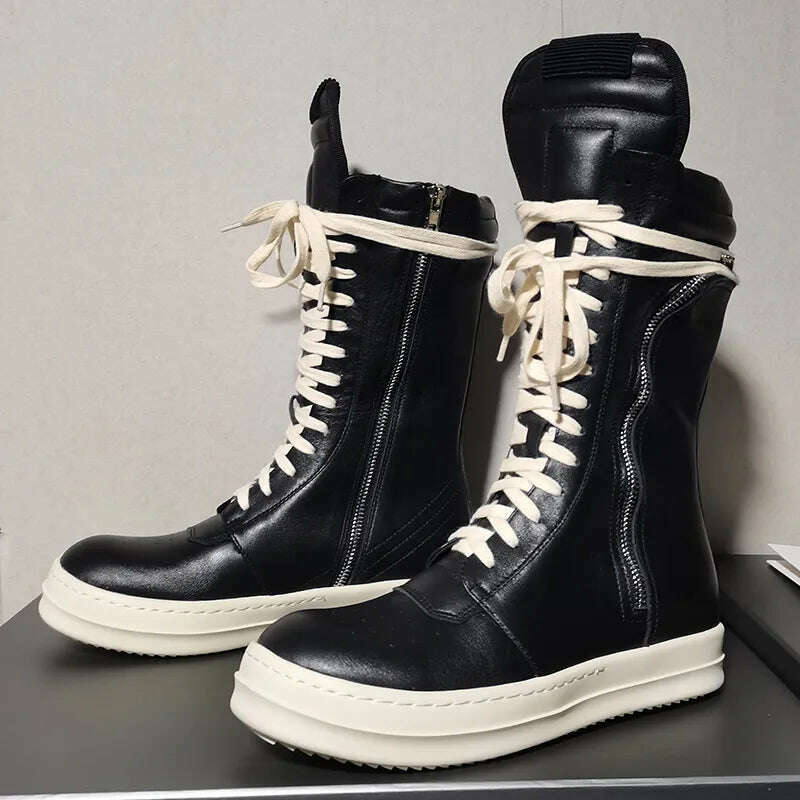 KIMLUD, Women Motorcycle Leather Boots Men Luxury Mid-Calf Winter Riding Boots Shoes Casual Zip Flats Black Real Leather Shoes Unisex, KIMLUD Womens Clothes