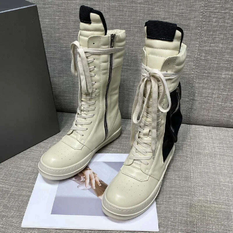 KIMLUD, Women Motorcycle Leather Boots Men Luxury Mid-Calf Winter Riding Boots Shoes Casual Zip Flats Black Real Leather Shoes Unisex, KIMLUD Womens Clothes