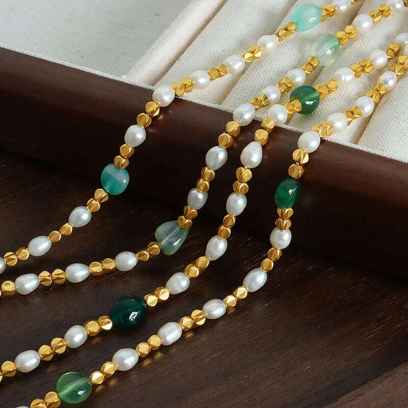 Women Natural Freshwater Pearl Necklace Green Natural Stone Jewelry Accessories Gold Plated Beaded Chain Girl Gift Sale - KIMLUD